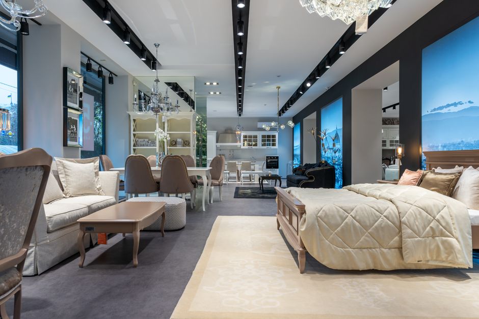 Modern furniture showroom displaying bespoke items